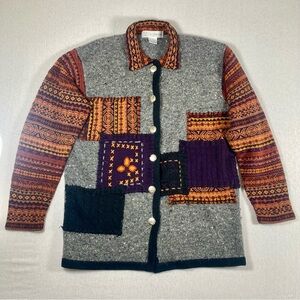 VTG CHRYSANTHEME Patchwork Knit Button Front Cardigan Gray Orange Purple S Boho